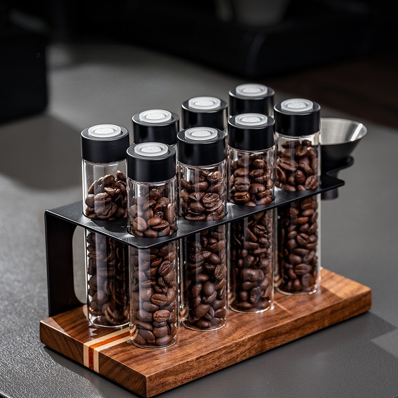 Commercial Kitchen Organiser - JUSTINLAU Glas-Kaffeebohnen-Aufbewahrungsgläser Luftdicht mit 1-Wege-Ventil Holz-Präsentationsregal