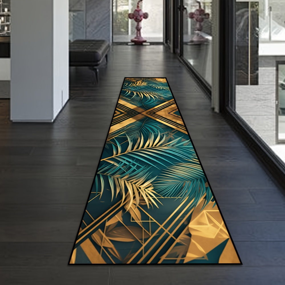 Commercial Kitchen Interior - Moderner Tropischer Palmenmuster-Bodenläufer Smaragdgrüner Goldener Geometrischer