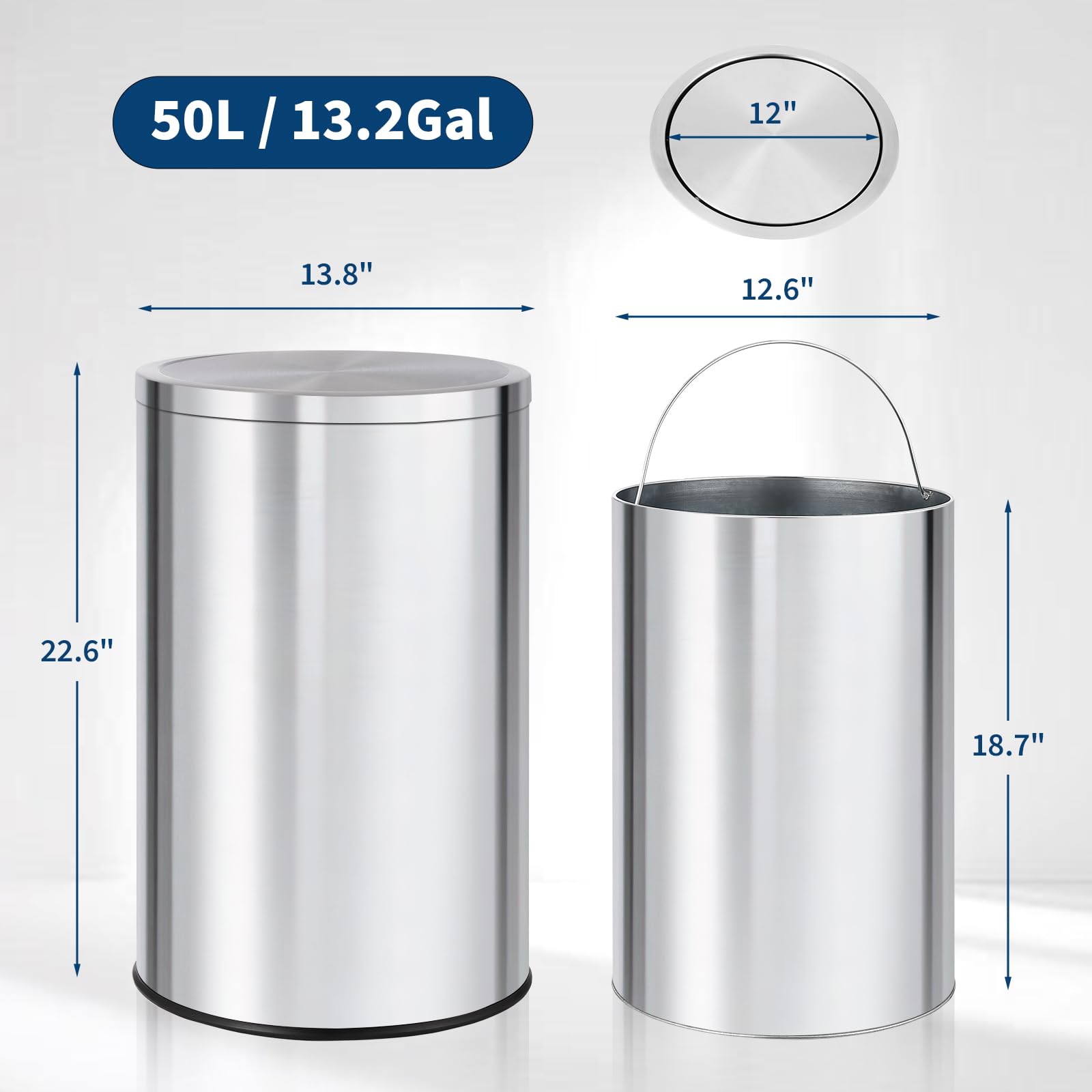 Commercial Kitchen Garbage Can - 13-Gallonen Runder Mülleimer, Edelstahl-Schwingdeckel-Mülleimer mit Soft-Close-Klappdeckel