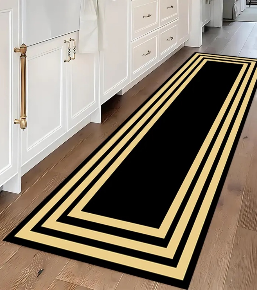 Commercial Kitchen Floor - Luxuriöser Schwarz-Goldener Griechischer Schlüsselmuster-Teppich Moderner Minimalistischer