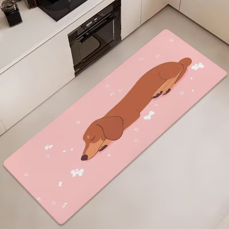 Commercial Kitchen Floor - Niedlicher schlafender Dackel, langer Küchenteppich, rosa
